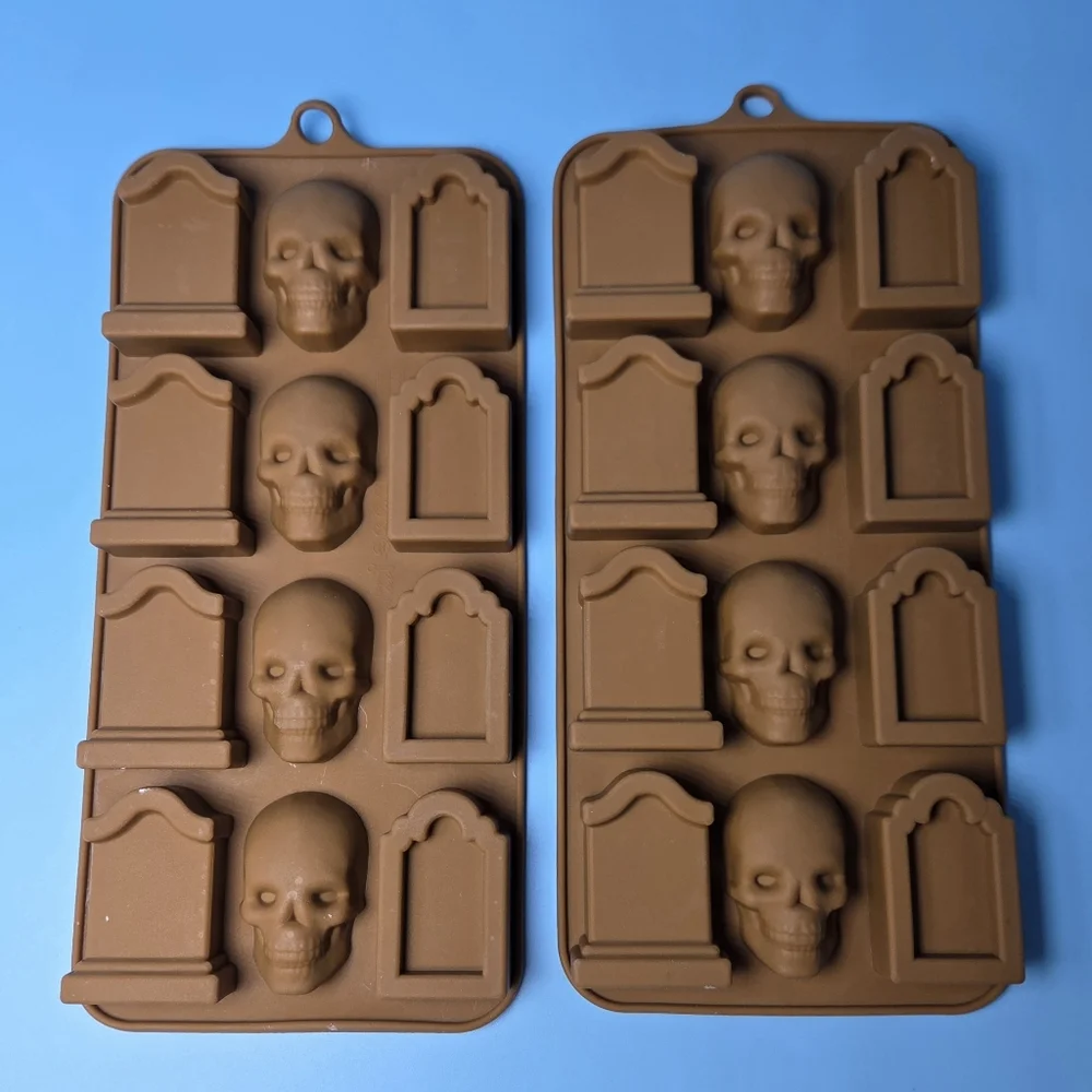 Skulls & Tombstones Food Grade Brown Silicone Molds For Chocolate, Gummies & Ice